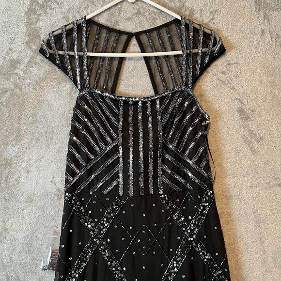 Adrianna Papell Embellished Cut Out Gown‎ Black Silver Beads 8 Elegant Timeless - Picture 3 of 9